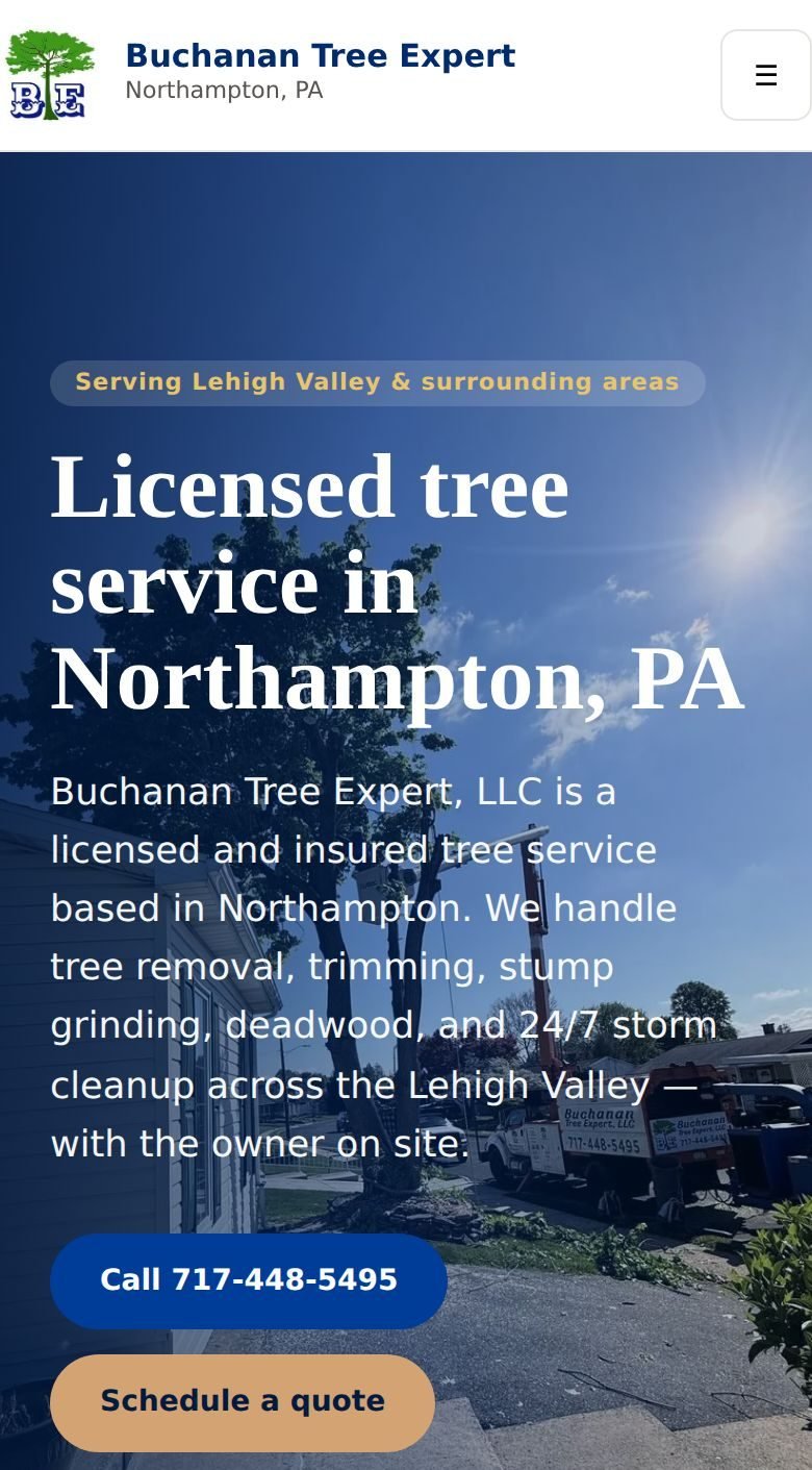 Phone view of the Buchanan Tree Expert homepage